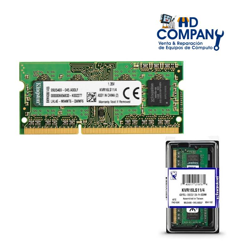 Memoria ram sodimm DDR3L KINGSTON 4gb 1600MHz, 1.35V CL11 (KVR16LS11/4)