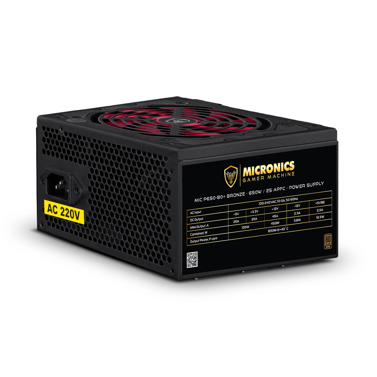 FUENTE PODER 650W, 80 PLUS BRONZE, GAMER MICRONICS 100V - 240VAC