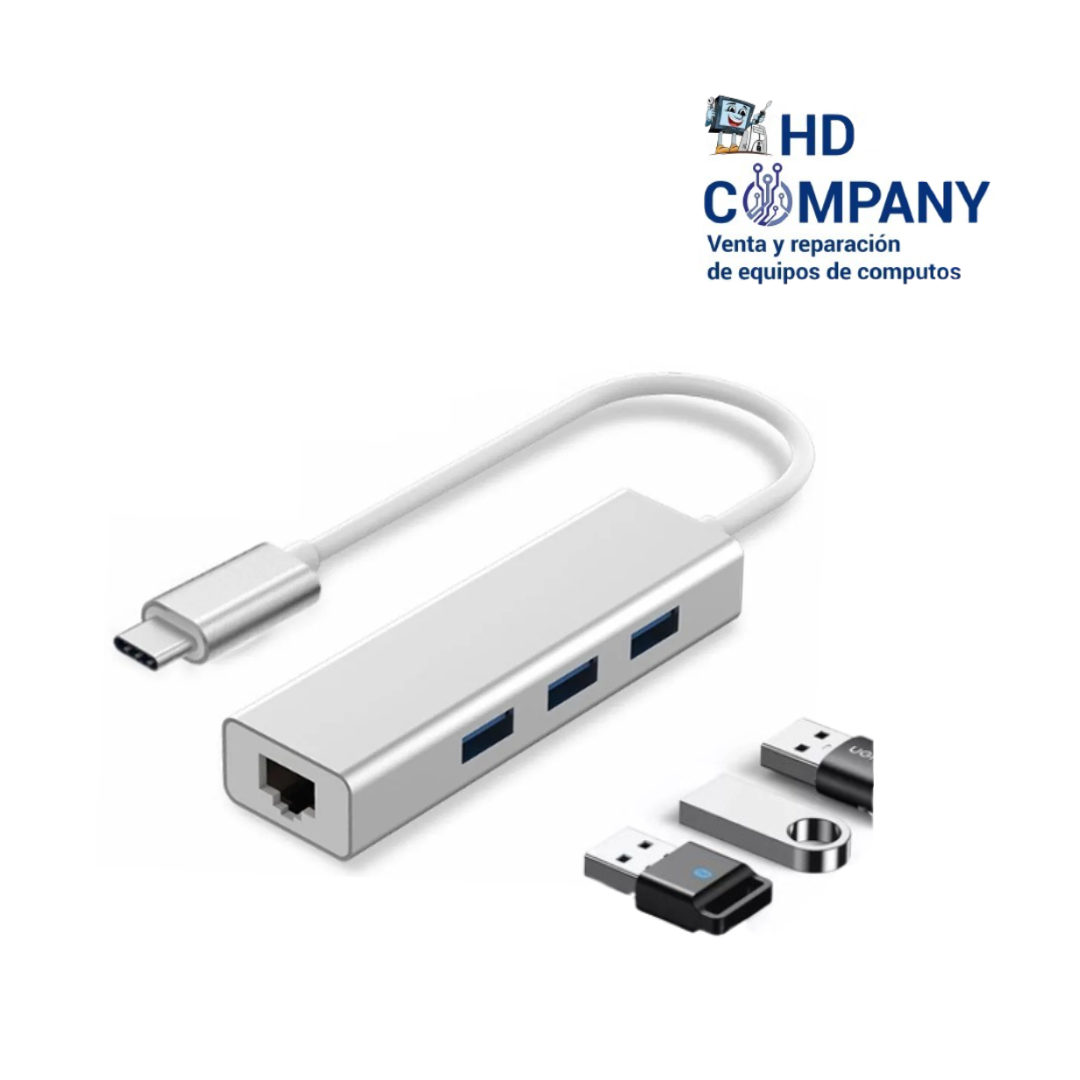 Hub Adaptador USB y Tipo C  a 3 Puertos Usb 3.0 + Ethernet
