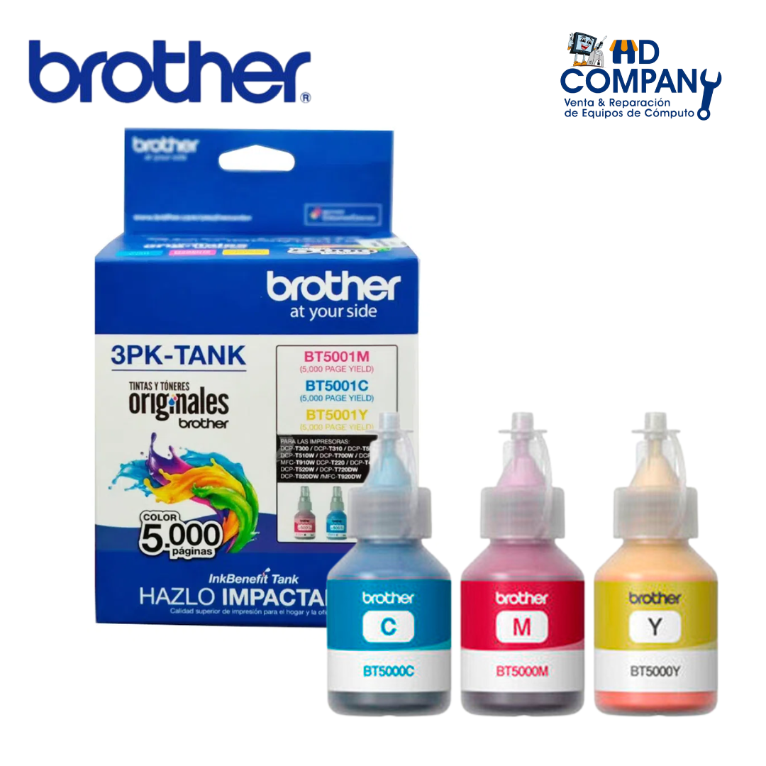 TINTA BROTHER PACK X3 ( BT5001C/M/Y ) CIAN+MAGENTA+AMARILLO / T300 / T500W